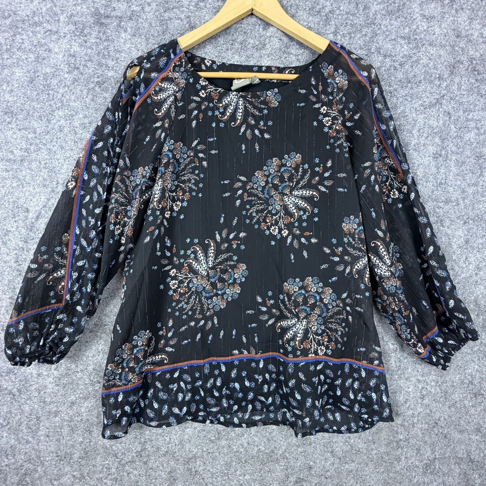 One September Sheer Blouse Top Womens Large Black Floral Paisley Cold Shoulder - Picture 1 of 8